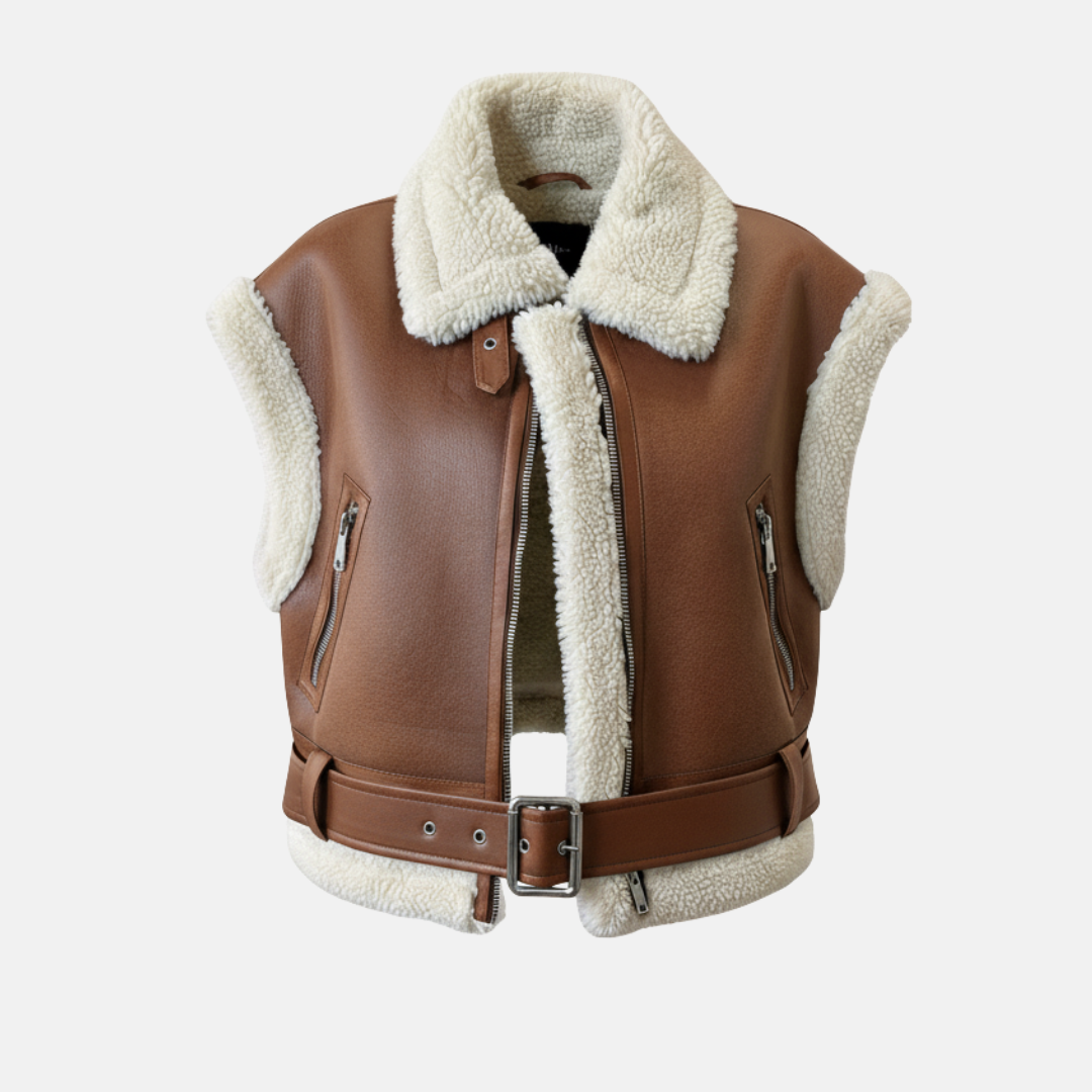 Women’s Vest Jacket - Faux Leather - Sleeveless - Notched Collar - Belted Waist