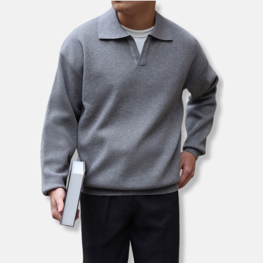 Men's Knit Pullover Sweater Polo Collar V Neck Relaxed Fit With Ribbed Cuffs Casual Warmth
