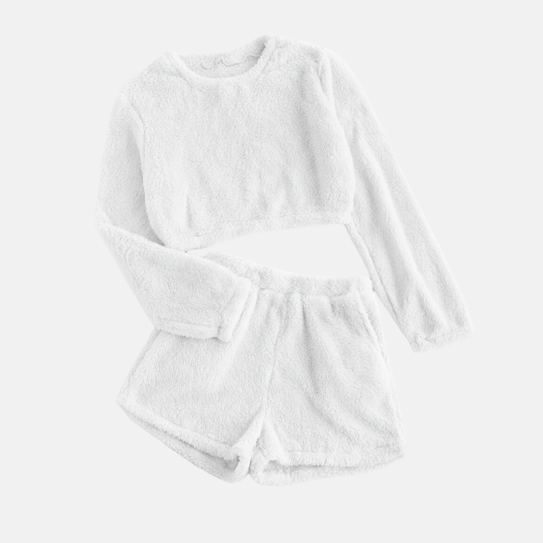 Women’s Two-Piece Loungewear Set – Textured Plush – Cropped Long Sleeve Top – High-Waisted Shorts