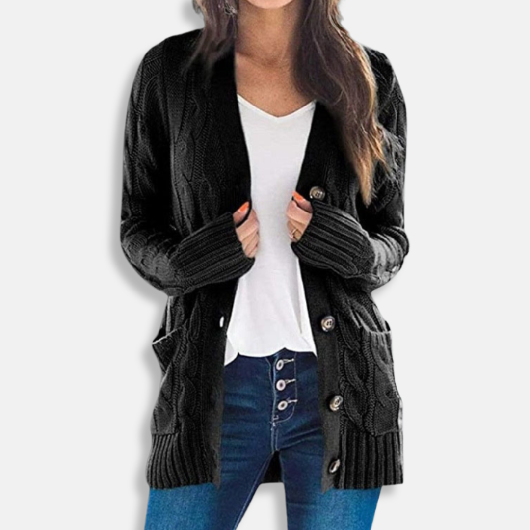 Women’s Cardigan Sweater – Chunky Cable Knit – Relaxed Fit – Button Front – Patch Pockets