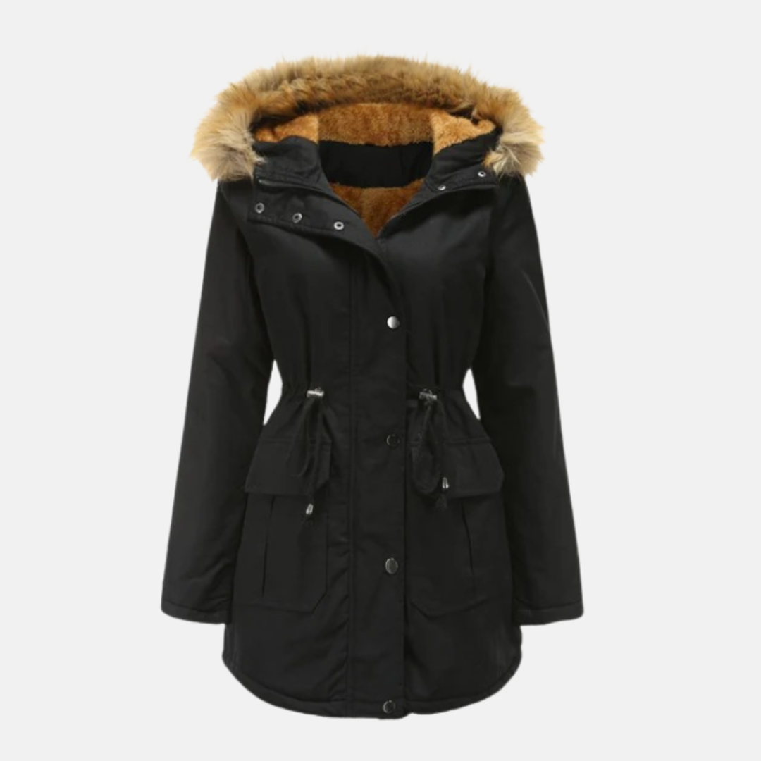 Women’s Parka Jacket – Fleece Lined – Faux Fur Hood – Adjustable Waist – Mid-Thigh Length