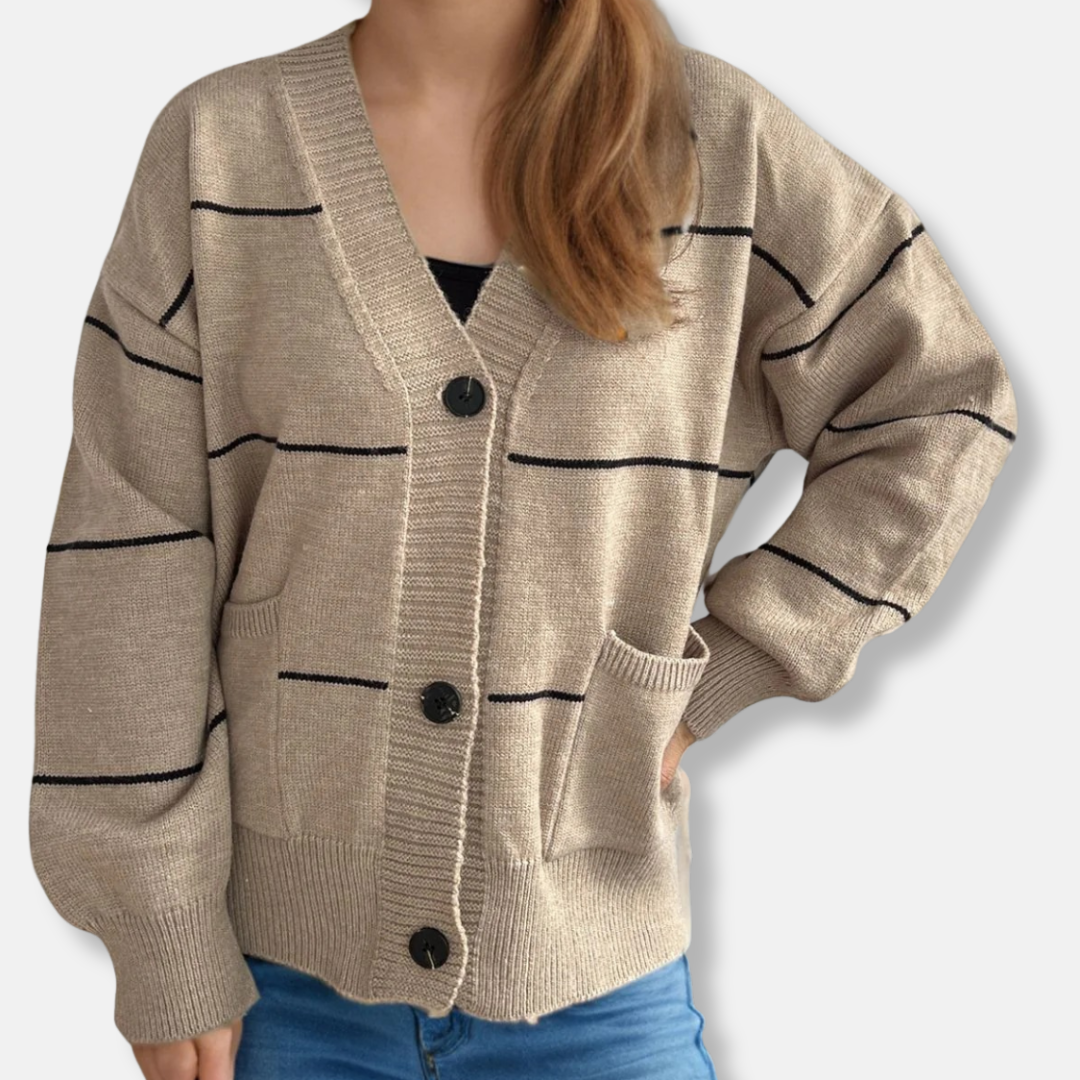 Women’s Cardigan - Medium-Weight Knit - Loose Fit - V-Neck - Hip Length - Long Sleeve