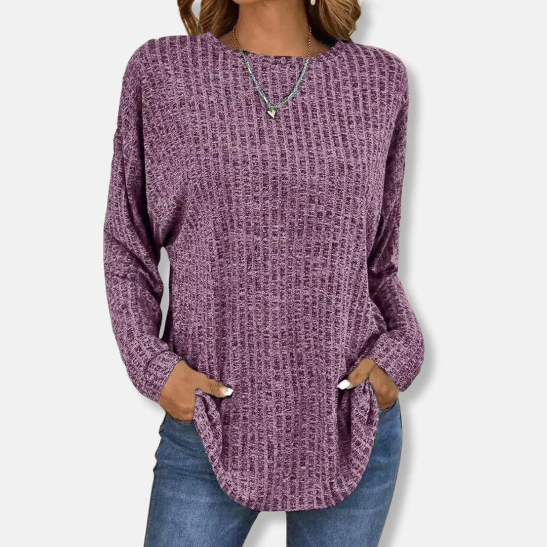 Women’s Pullover Top – Relaxed Fit – Ribbed Knit – Long Sleeve – Curved Hem