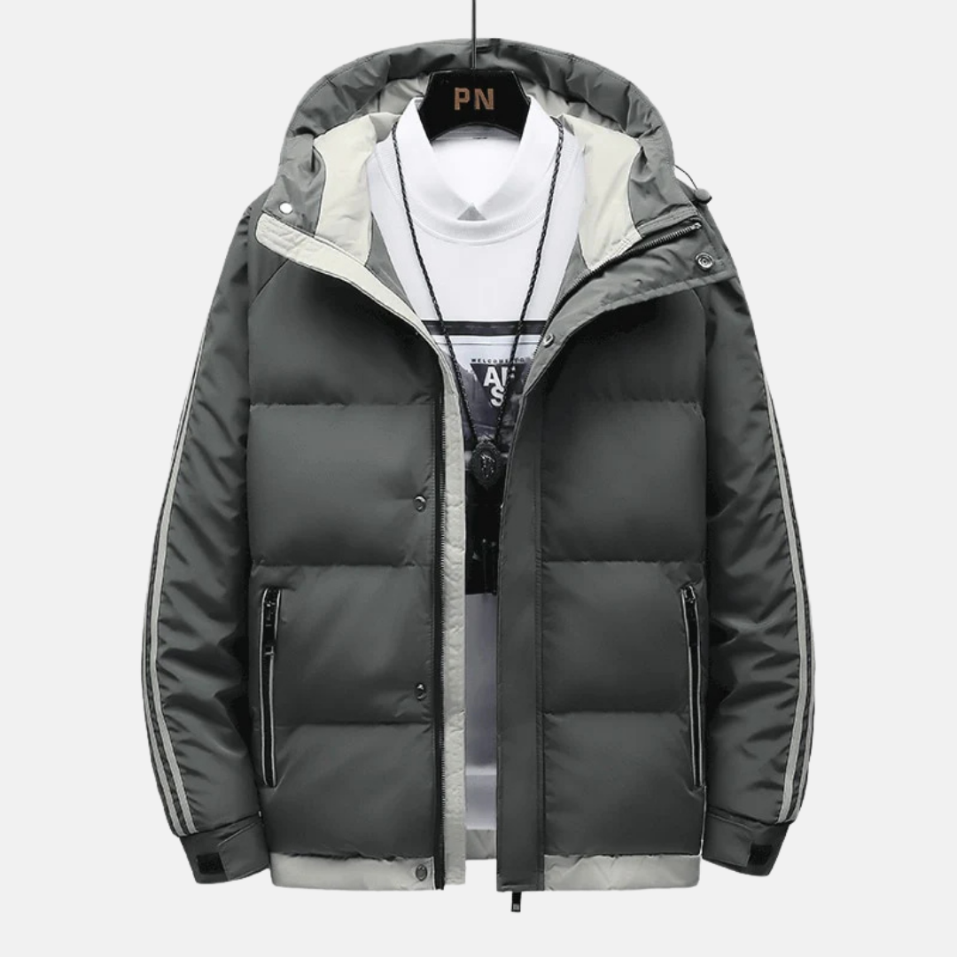 Men's Woven Blend Puffer Jacket With Fixed Hood Hip Length And Adjustable Cuffs For Winter