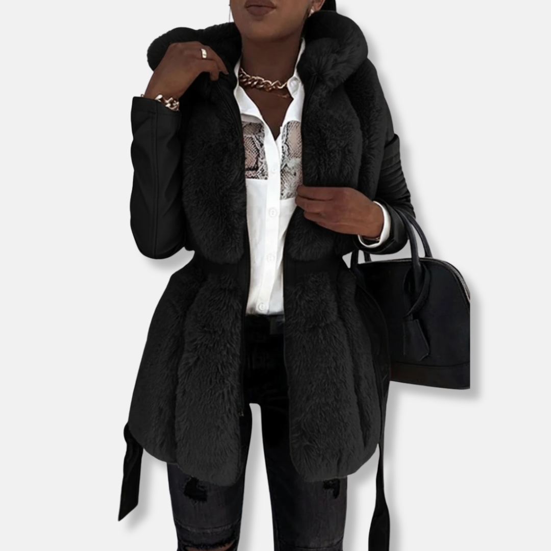 Women’s Tailored Jacket – Faux Leather – Faux Fur Collar – Quilted Sleeves – Belted Waist