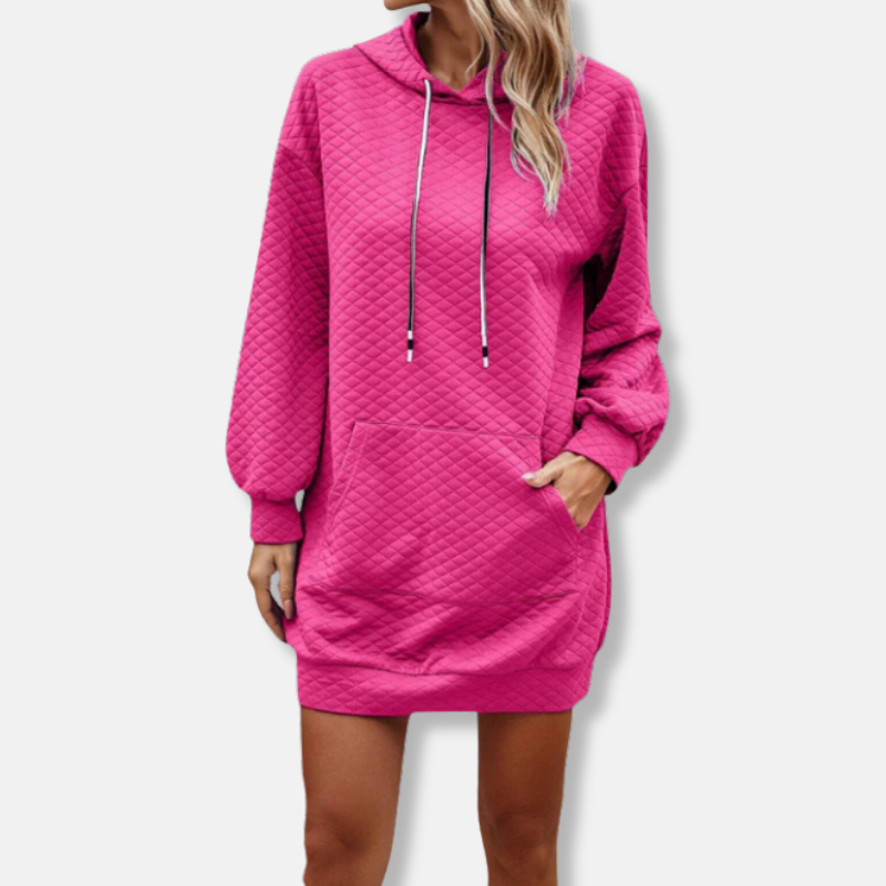 Women’s Hooded Mini Dress – Quilted Diamond Texture – Oversized Fit – Long Sleeve Pocket
