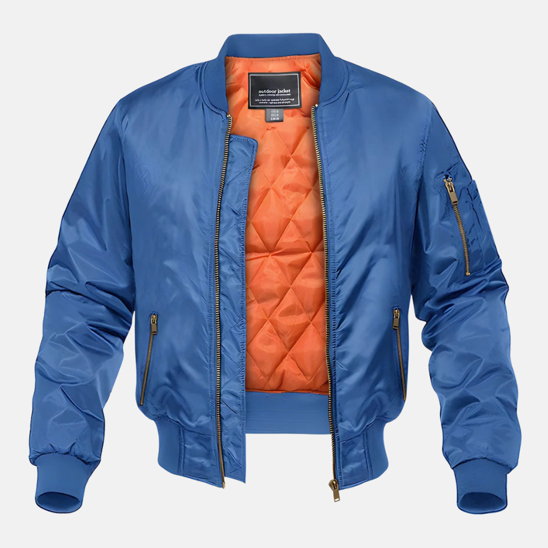 Men's Bomber Jacket With Quilted Lining Zippered Utility Pockets And Ribbed Trim