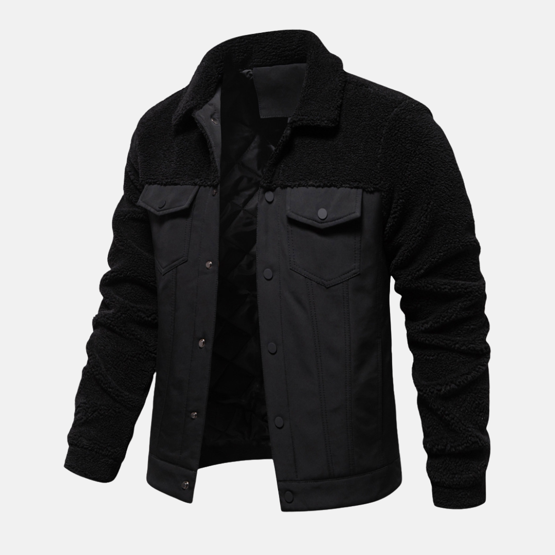 TrendAura Men's Mixed Material Hip Length Trucker Jacket With Point Collar And Snap Button Closure