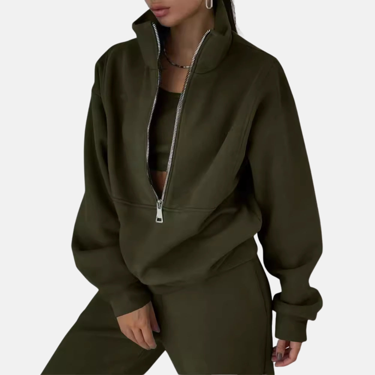 Women’s Two-Piece Tracksuit Set – Relaxed Fit – High Collar Zip Top – Cotton Blend – Full Length