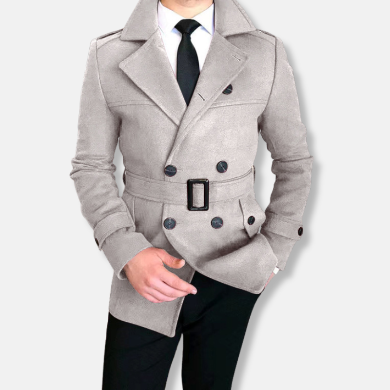 Nordisk Flair Mens Short Wool Blend Double Breasted Belted Jacket Tailored Fit Burgundy