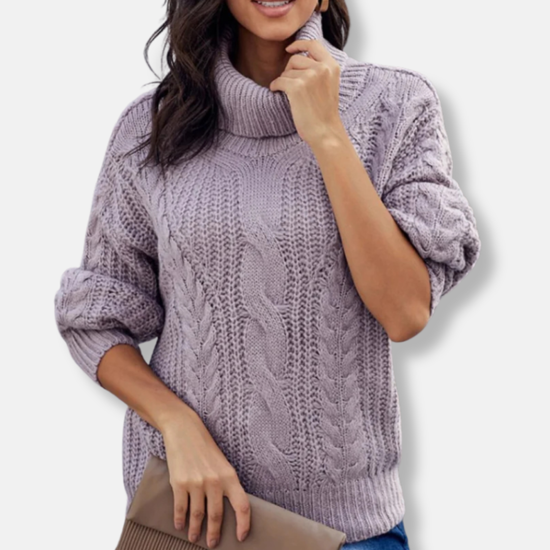Women’s Pullover Sweatshirt – Oversized Fit – Chunky Cable Knit – Ribbed Turtleneck