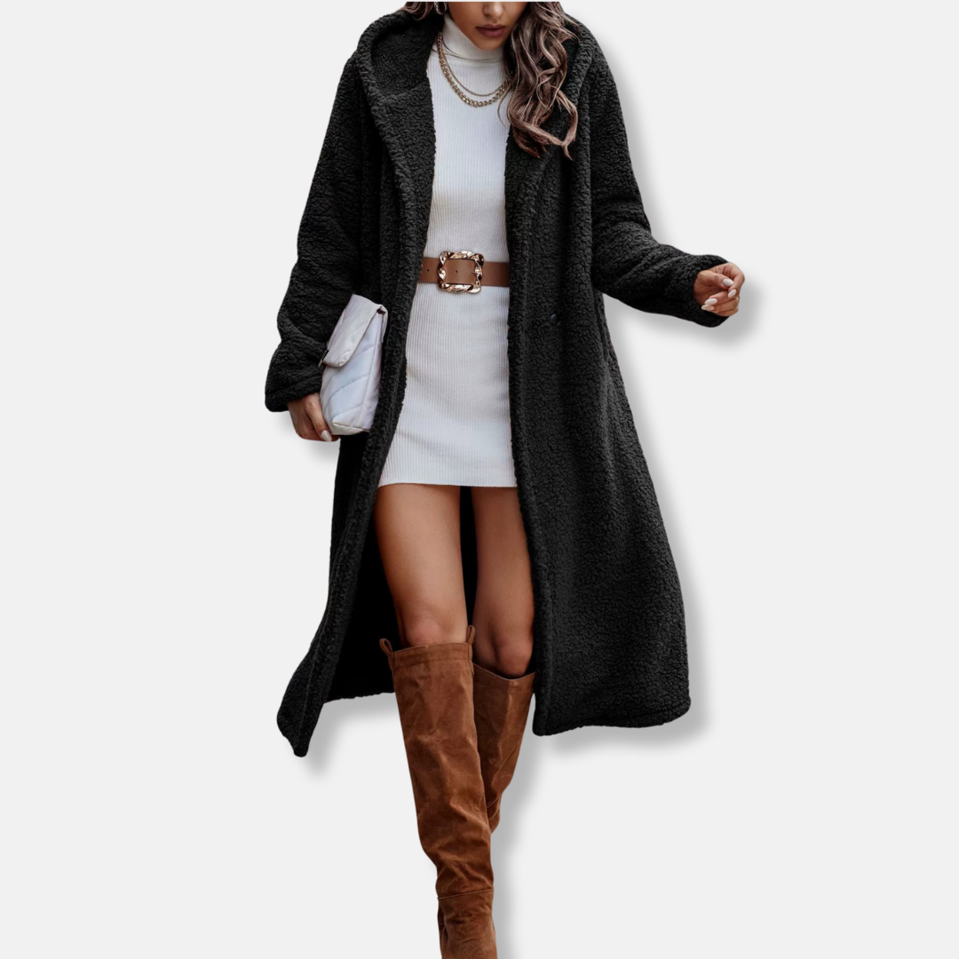 Women’s Long Coat – Plush Soft Texture – Relaxed Fit – Hooded – Notched Lapel