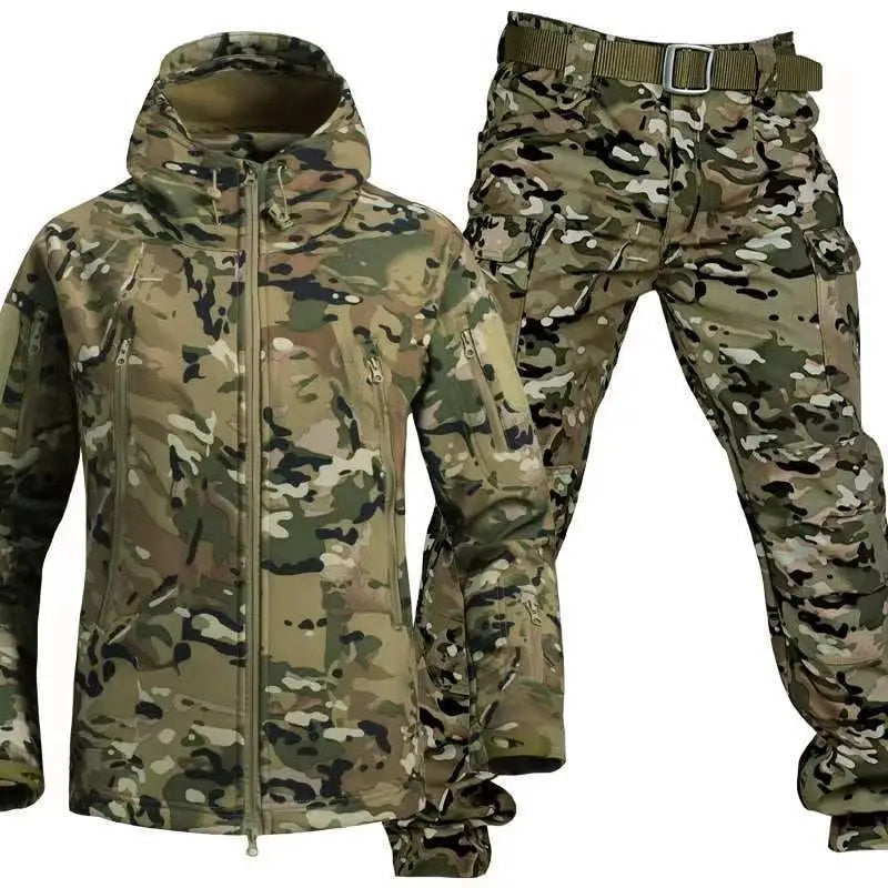 Men's Two Piece Outdoor Suit With Windproof Softshell Jacket And Pants Adjustable Fit And Utility Pockets
