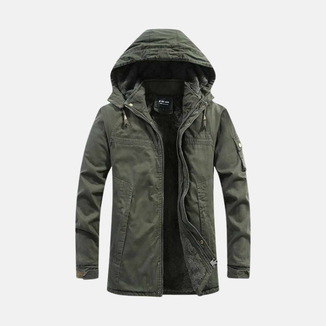 TrendAura Men's Hooded Coat With Sherpa Lining And Utility Pockets Relaxed Fit For Outdoor Warmth