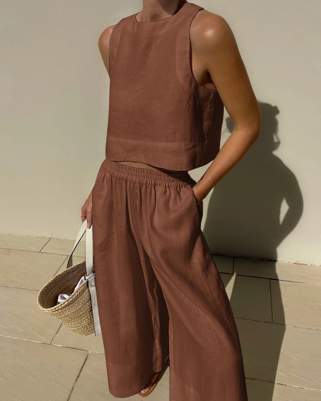 Joza Airy Linen Set For Women Breathable Crop Top And Wide Leg Pants Stylish Summer Outfit