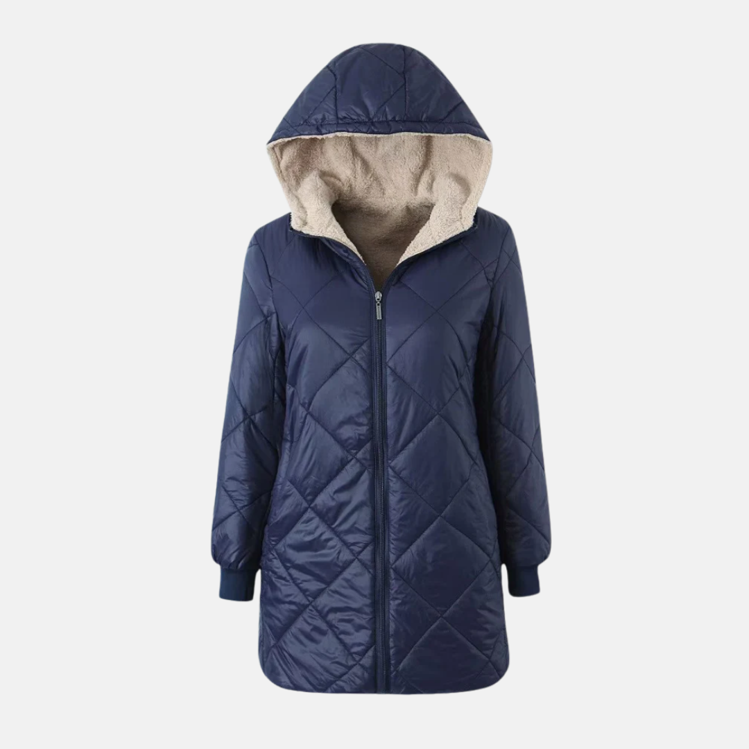 Women’s Hooded Quilted Coat – Reversible Design – Diamond Stitching – Mid-Thigh Fit