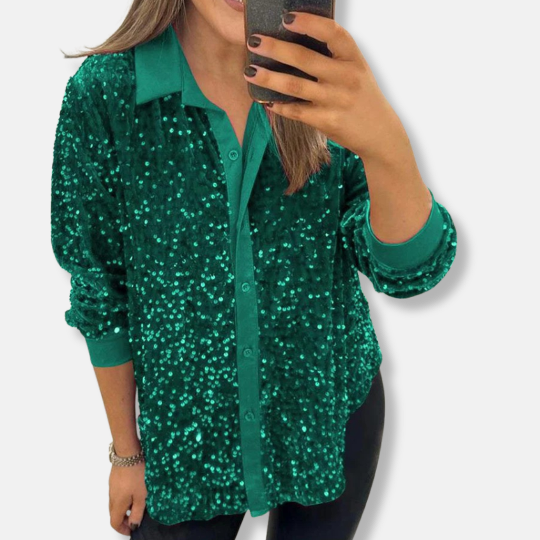 Women’s Sequin Shirt – Relaxed Fit – Button-Up – Long Sleeve Party Top