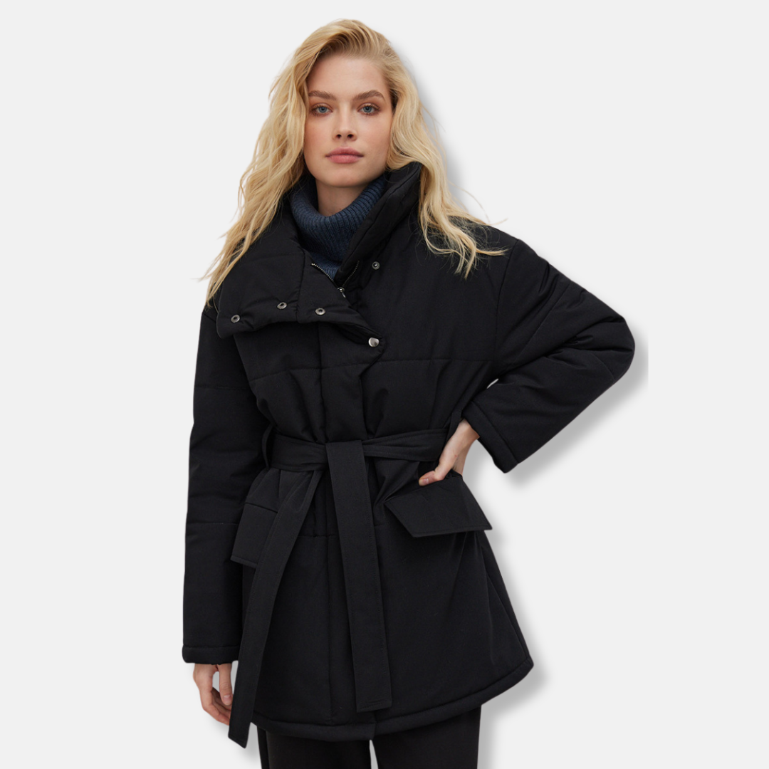 Women’s Jacket - Oversized Fit - High Stand Collar - Belted Waist