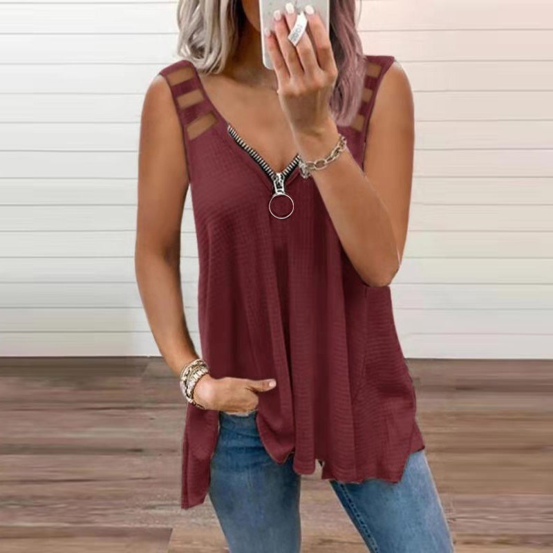 Lavinia Sleeveless Blouse For Women With Shoulder Cutouts And Crossed Straps Soft Textured Fabric All Day Comfort