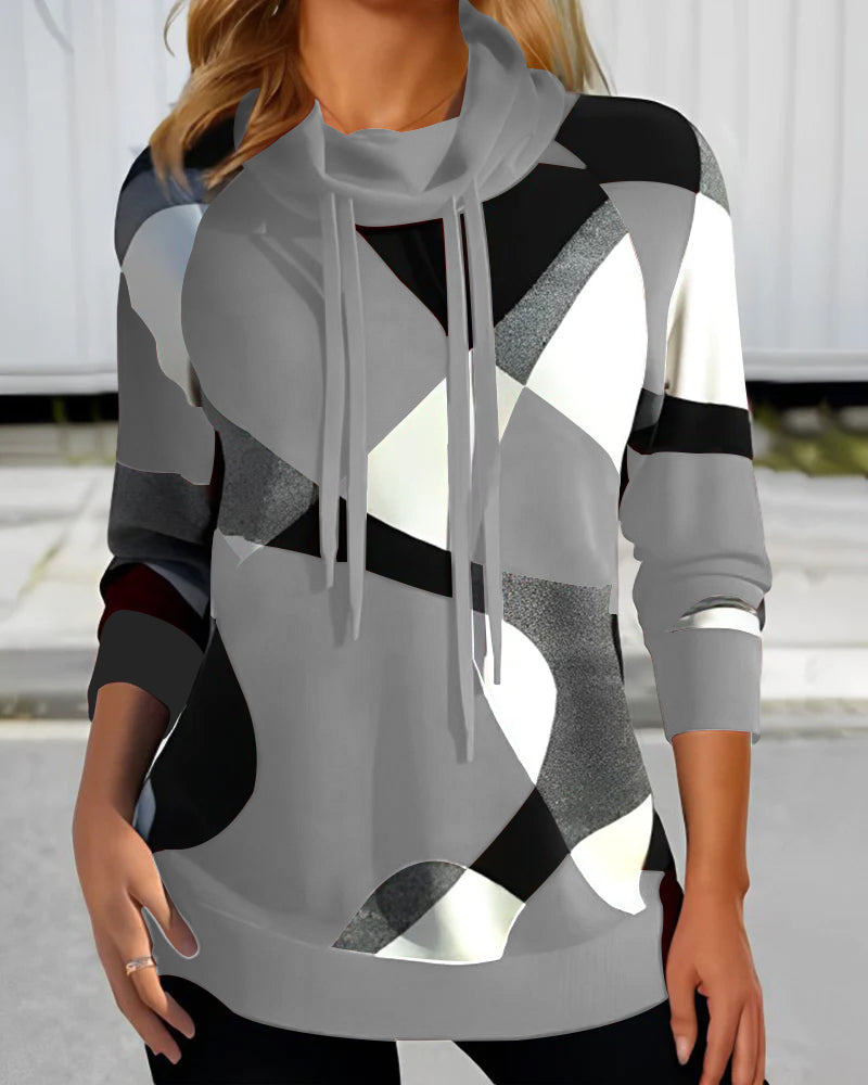 Women’s Hooded Pullover – Relaxed Fit – Soft Knit – Long Sleeve – Geometric Pattern