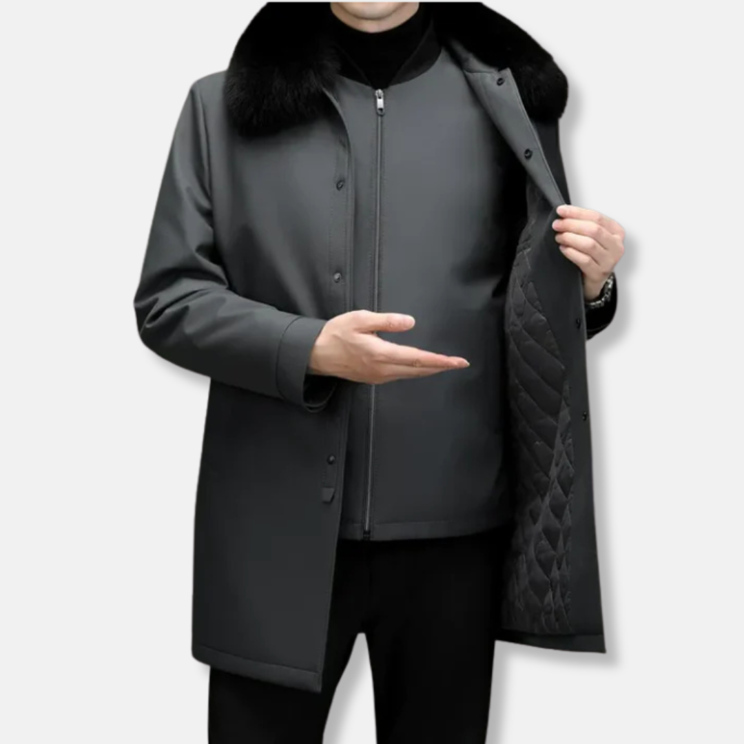 Men's Woven Blend Mid Length Jacket With Stand Collar And Detachable Faux Fur Collar
