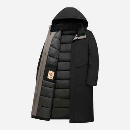 Nordisk Flair Men's Long Coat Insulated Hood Full Length Regular Fit Snap Button Closure