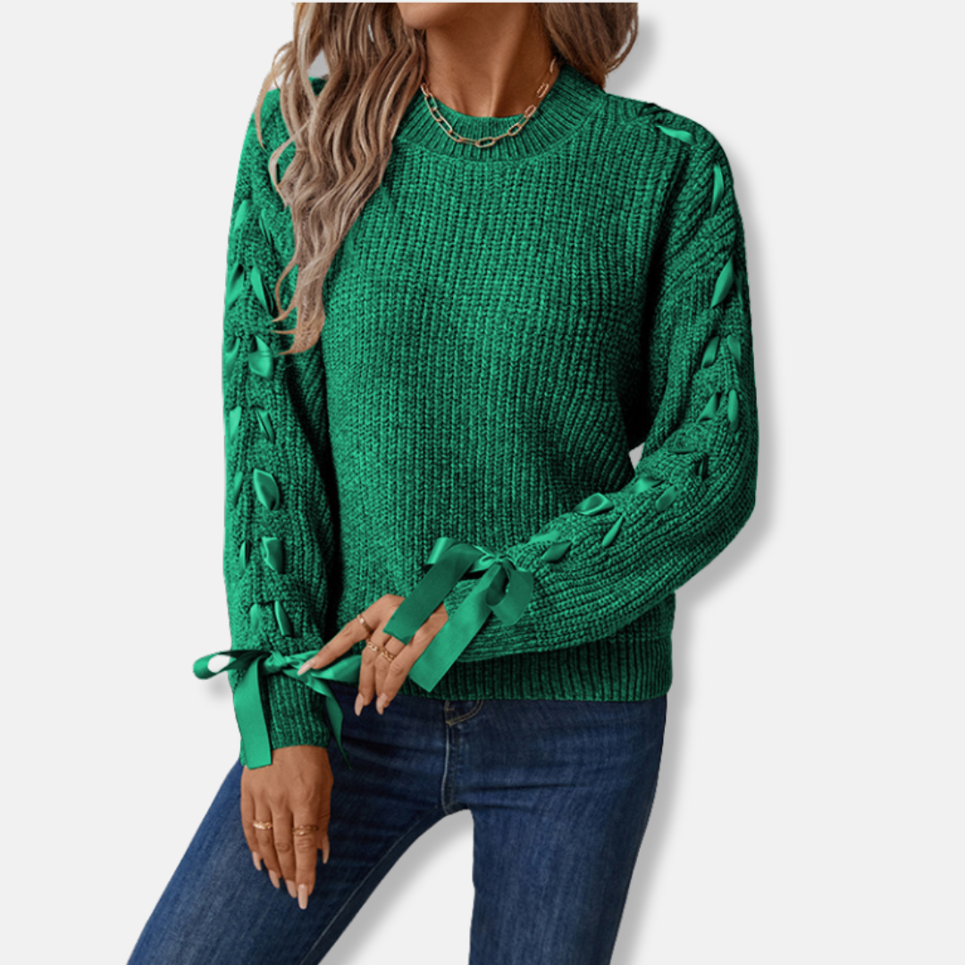Women’s Pullover Sweater – Relaxed Fit – Soft Knit – Lace-Up Sleeves – Crew Neck
