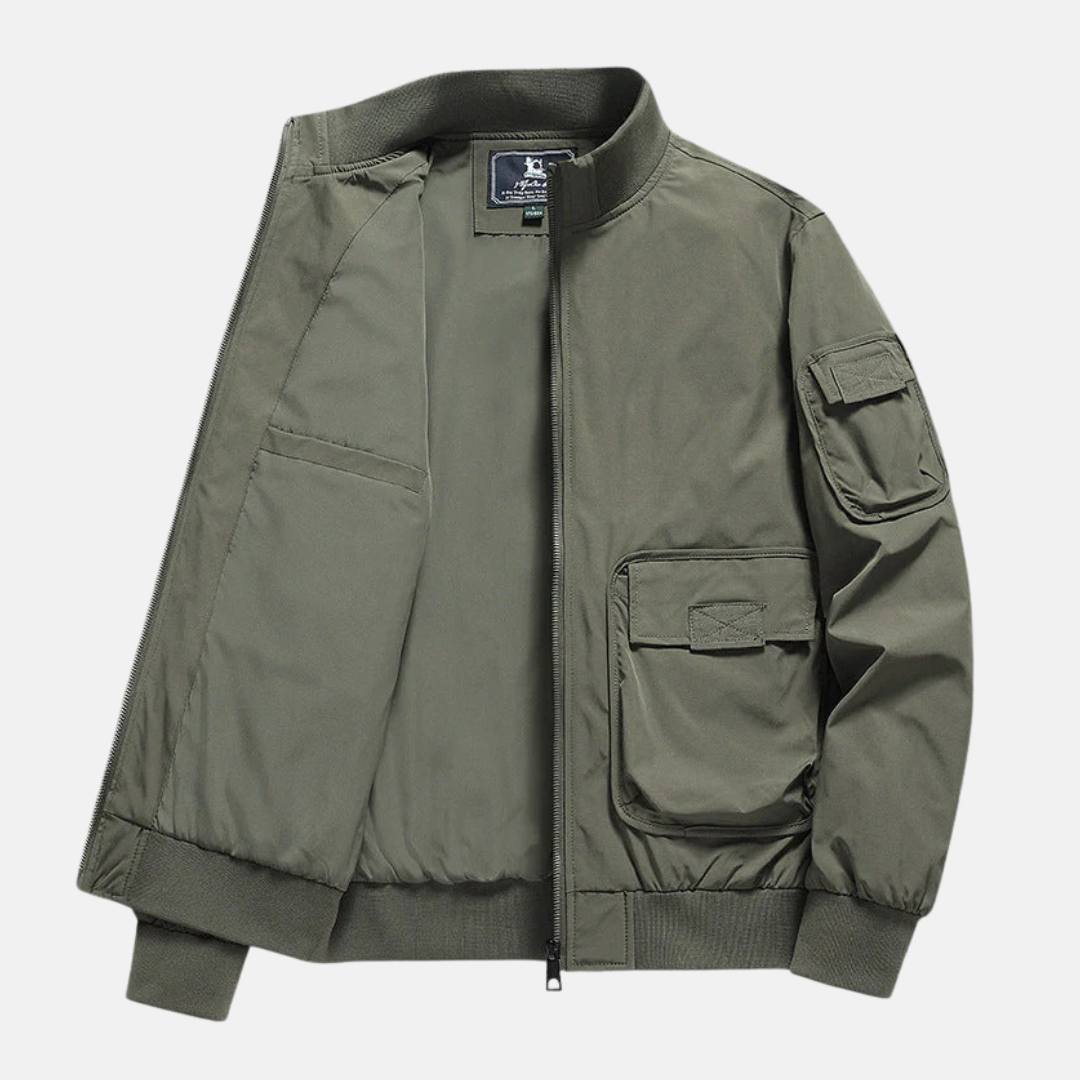 Men's Navy Bomber Jacket With Relaxed Fit, Wind-Resistant, Full Zip, Patch Pockets By TrendAura