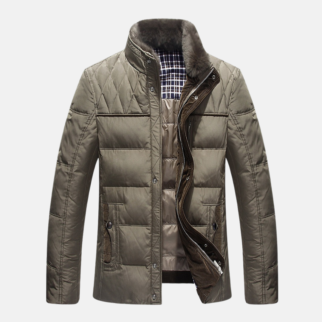 TrendAura Men’s Quilted Jacket With Plush Fur Lined Stand Collar Regular Fit Hip Length Winter Coat