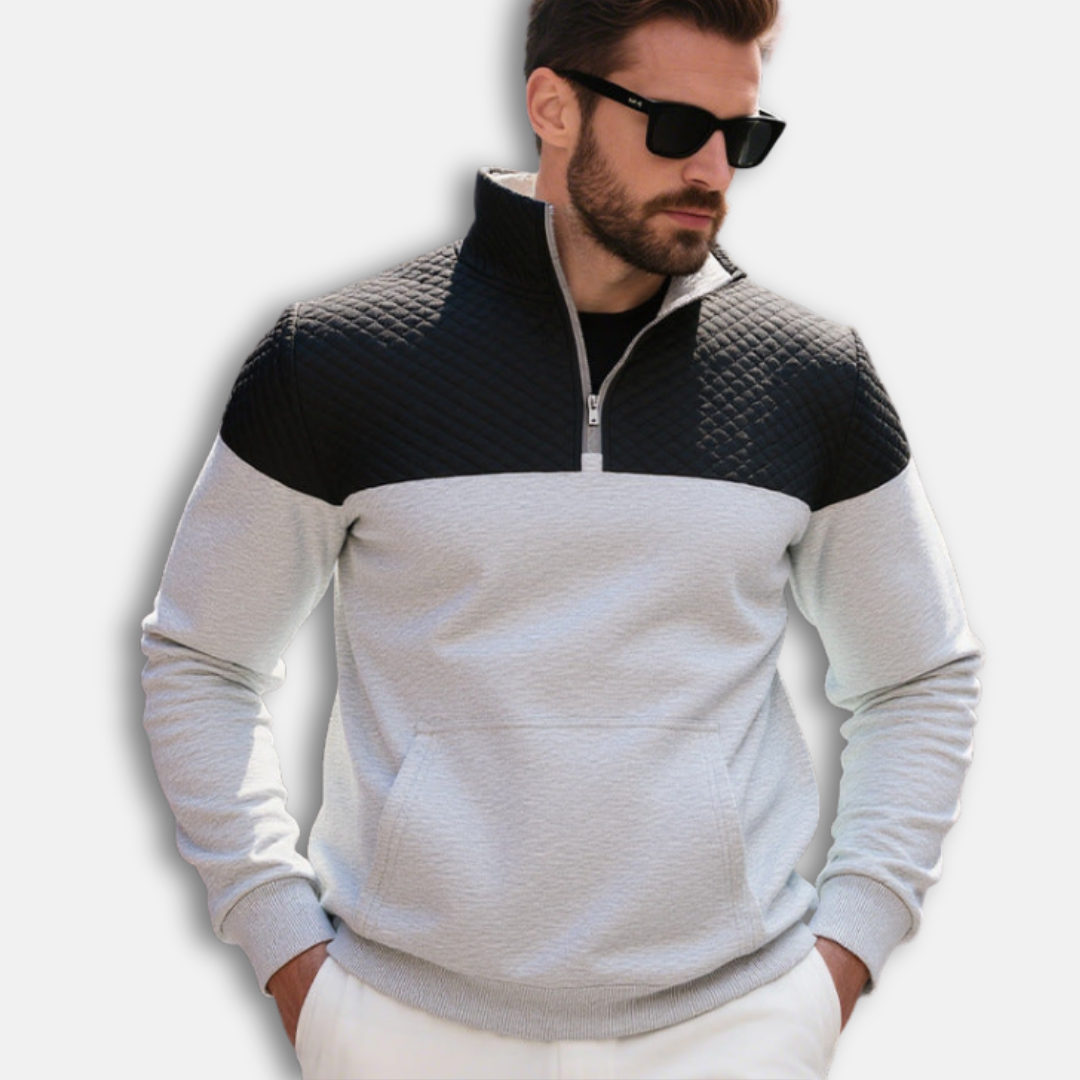 Men's Cotton Blend Sweatshirt With Stand Collar Half Zip And Quilted Diamond Pattern
