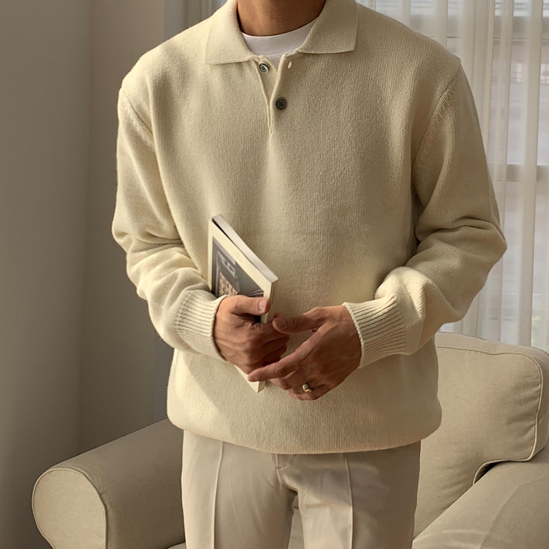Knitted Polo Collar Sweater Unisex Plush Soft Knit Loose Fit All Day Comfort Cozy Versatile Wardrobe Essential