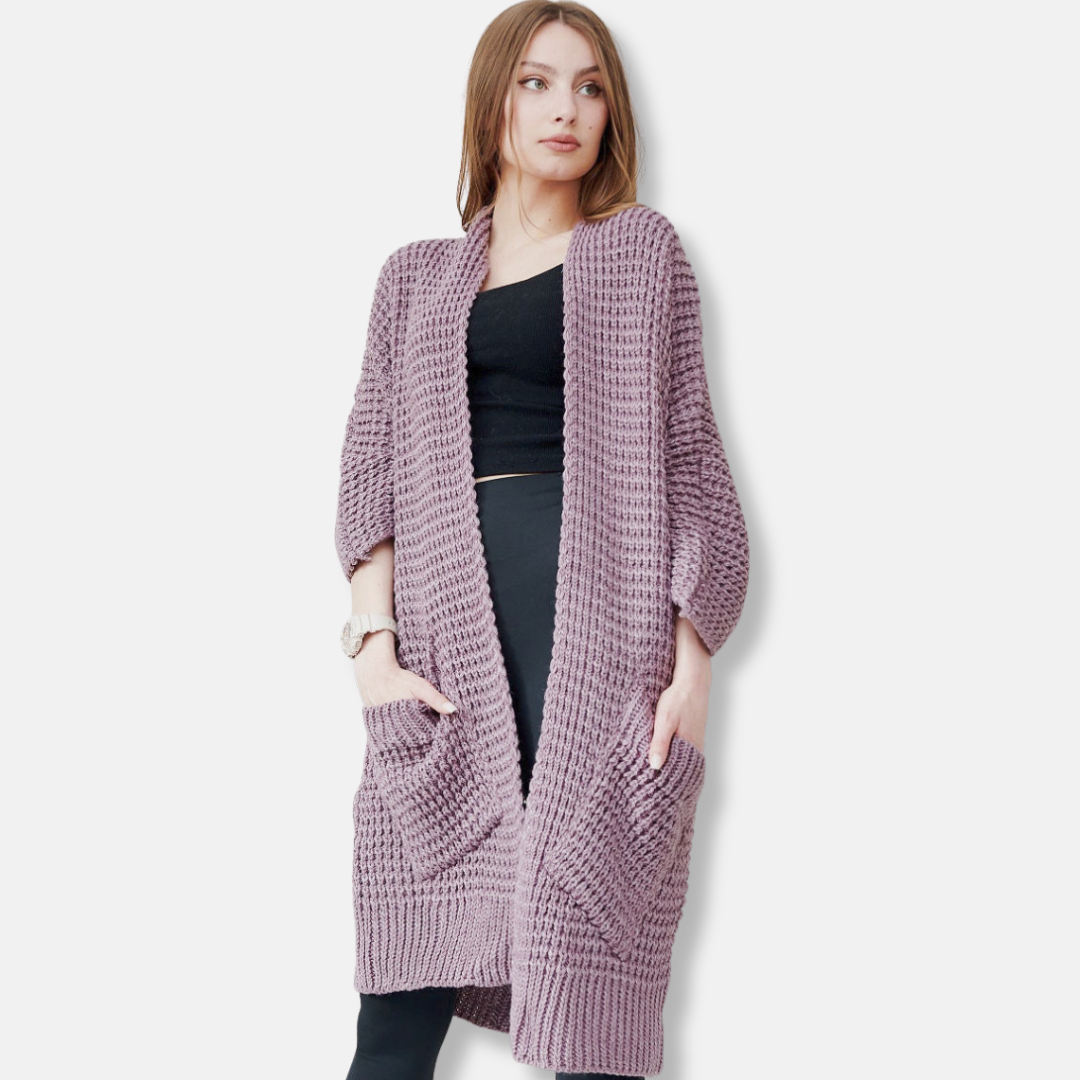 Women’s Knitted Coat – Oversized Fit – Chunky Wool Blend – Open Front – Patch Pockets