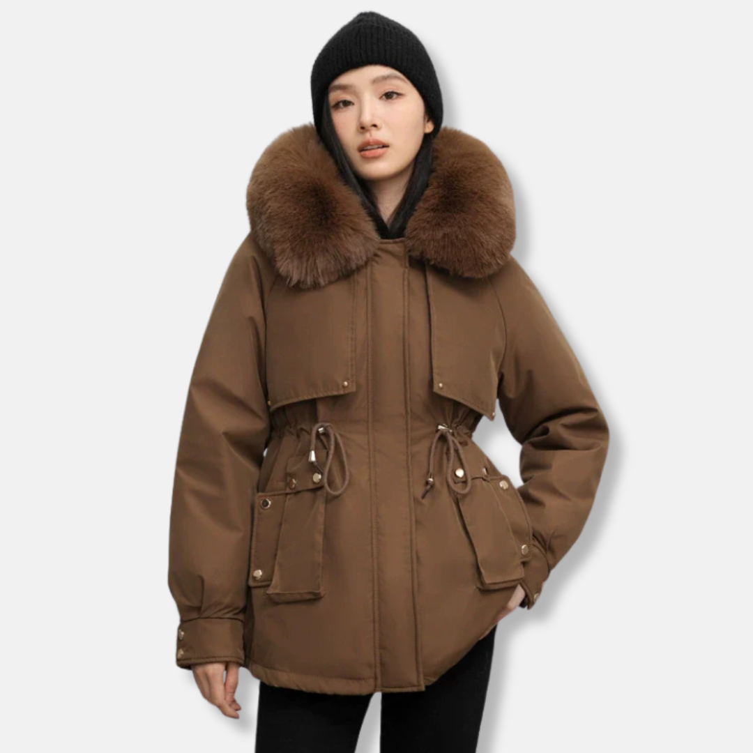 Women’s Parka Jacket – Weather-Resistant – Drawstring Waist – Faux Fur Collar – Mid-Thigh
