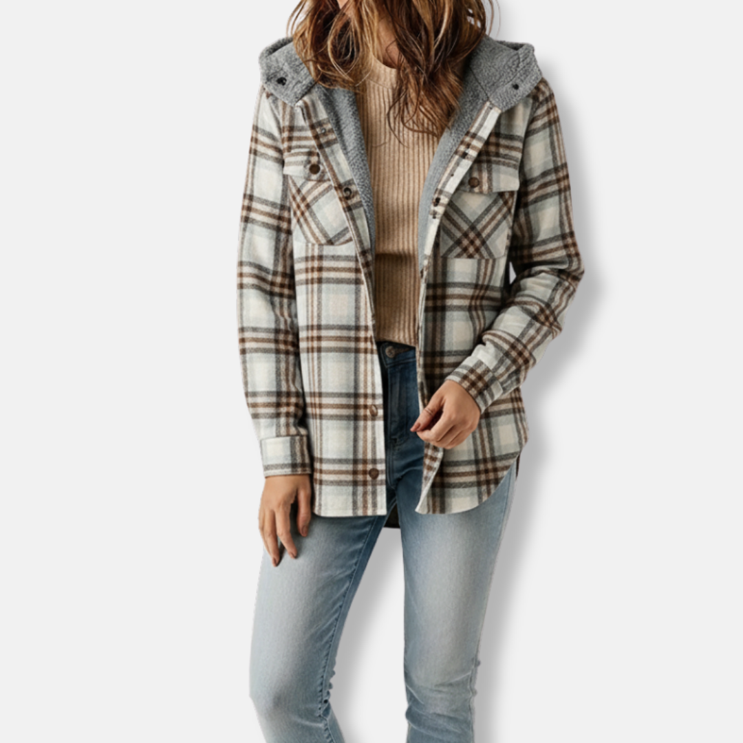Womens Shacket Cotton Blend Hooded Point Collar Sherpa Lined Plaid Oversized Cozy For Women