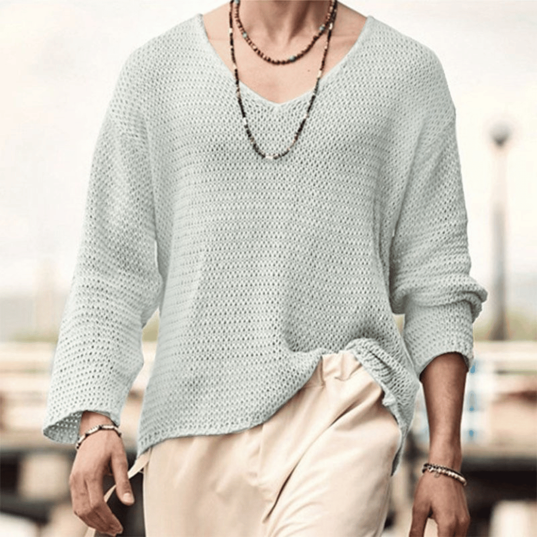 TrendAura Mens Relaxed Knit Sweater With Deep V Neck Breathable Textured Knit Beige Casual To Evening Wear