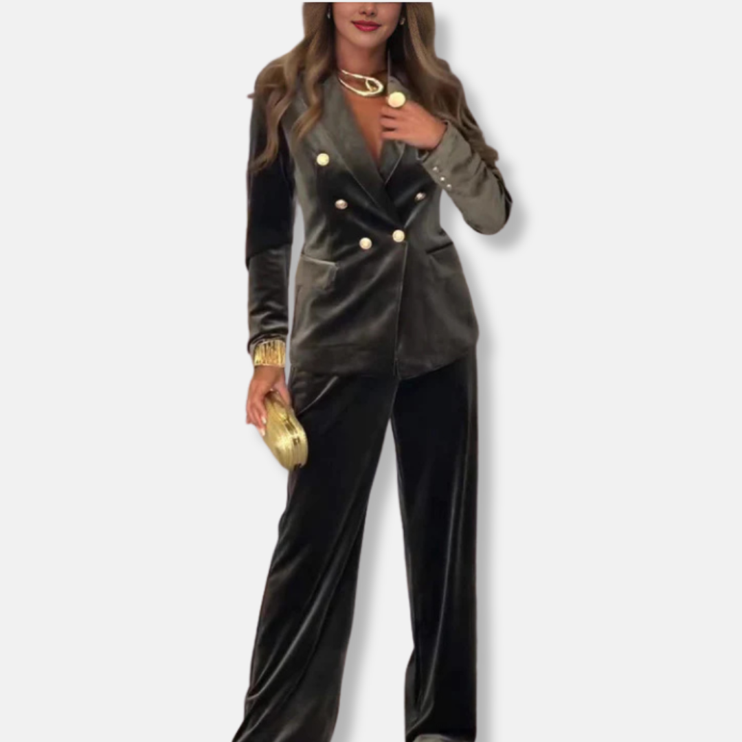 Women’s Two-Piece Set - Velvet - Tailored Blazer - Wide-Leg Trousers