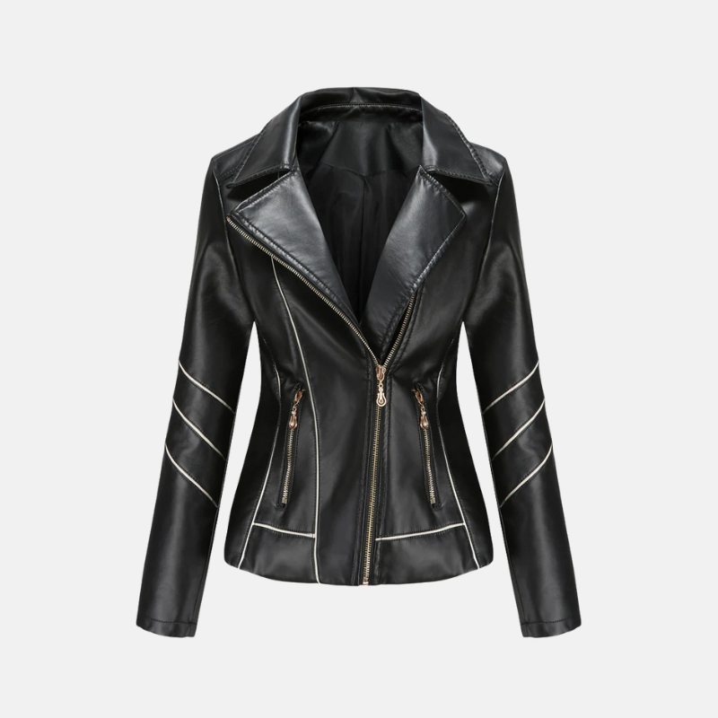 Women’s Motorcycle Jacket – Slim Fit Faux Leather – Asymmetrical Zip – Quilted Sleeves – Cropped
