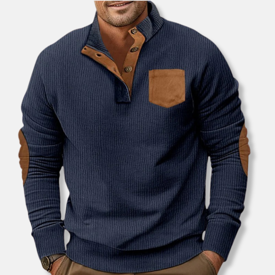Men's Ribbed Knit Sweatshirt With Stand Collar And Contrast Elbow Patches For Everyday Wear