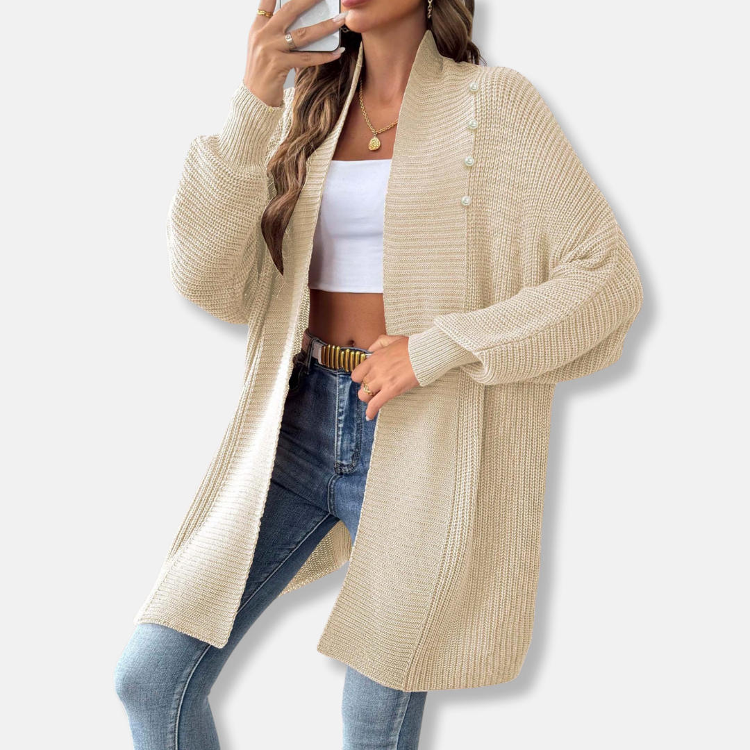 Women’s Cardigan - Acrylic Knit - Longline - Shawl Collar - Pearl Buttons