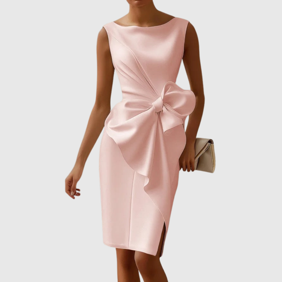 Women's Boat Neck Midi Dress with Sleeveless Design and Bow Detail