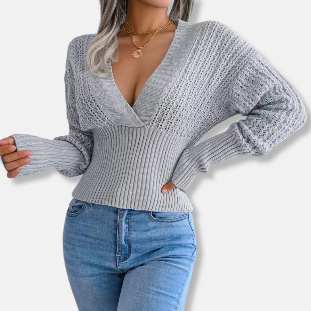Women’s Knitted Top – Slim Fit – Deep V-Neck – Ribbed Waist – Open Knit Sleeves