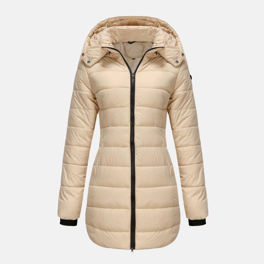 Women’s Puffer Jacket – Mid-Length Fit – Detachable Hood – Ribbed Cuffs – Quilted Warmth