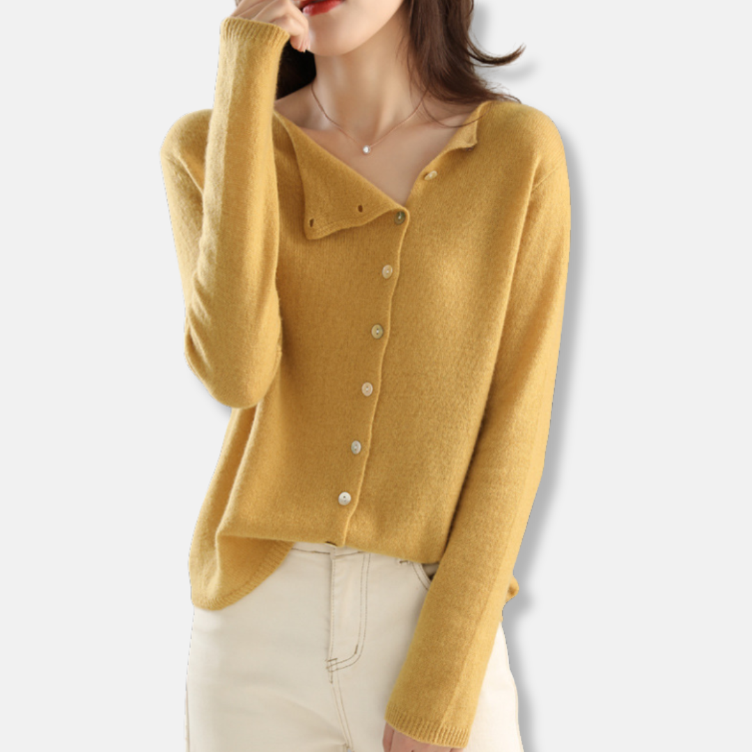Women’s Cardigan - Knit - Relaxed Fit - Asymmetrical Neckline - Ribbed Cuffs