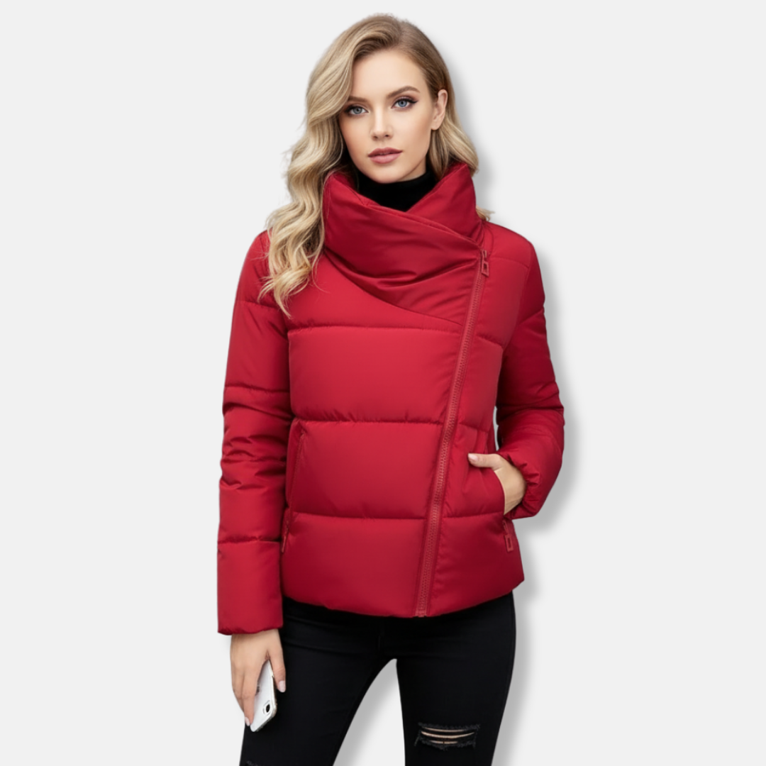 Women’s Quilted Coat – Regular Fit – Padded Warmth – Funnel Neck – Asym Zip Closure