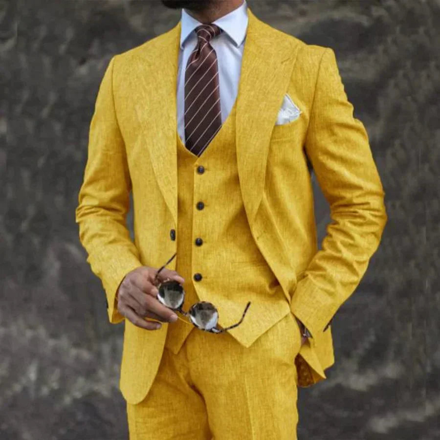 Carson Mens Three Piece Suit By TrendAura Lightweight Breathable Linen Blend Lime For Weddings Business Formal Events