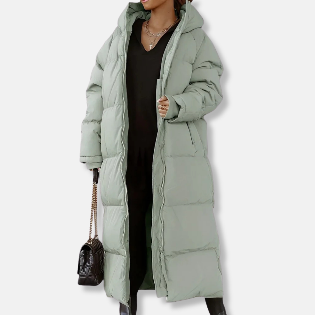 Women’s Long Coat – Oversized Fit – Quilted Padded Hooded – Full Length Zip Closure