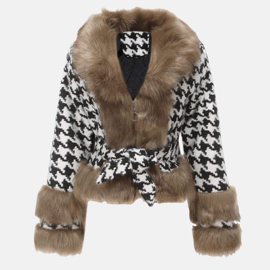 Women’s Short Coat – Wool Blend – Houndstooth Pattern – Fur Trim – Belted Waist