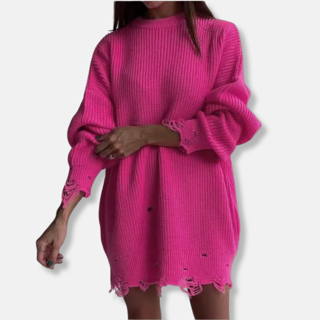 Women’s Dress - Ribbed Knit - Mini Length - Balloon Sleeves - Distressed Hem
