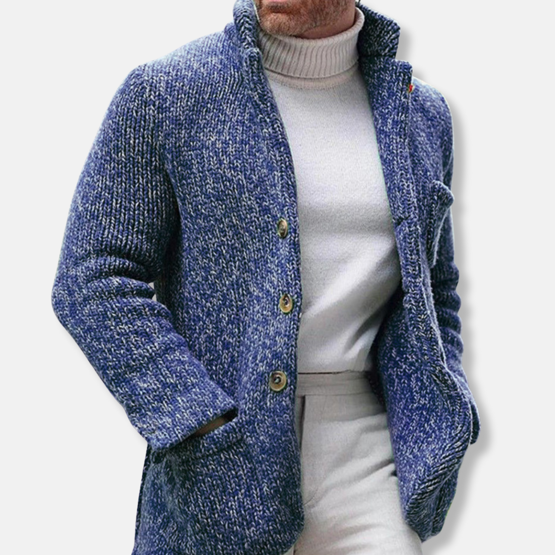 Men's Textured Knit Cardigan With Stand Collar Single Breasted And Patch Pockets For Smart Casual Wear By TrendAura