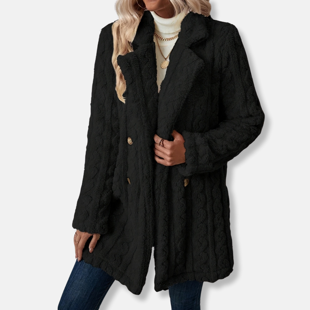 Women’s Coat - Knit - Double-Breasted - Notched Lapel - Mid-Thigh Length